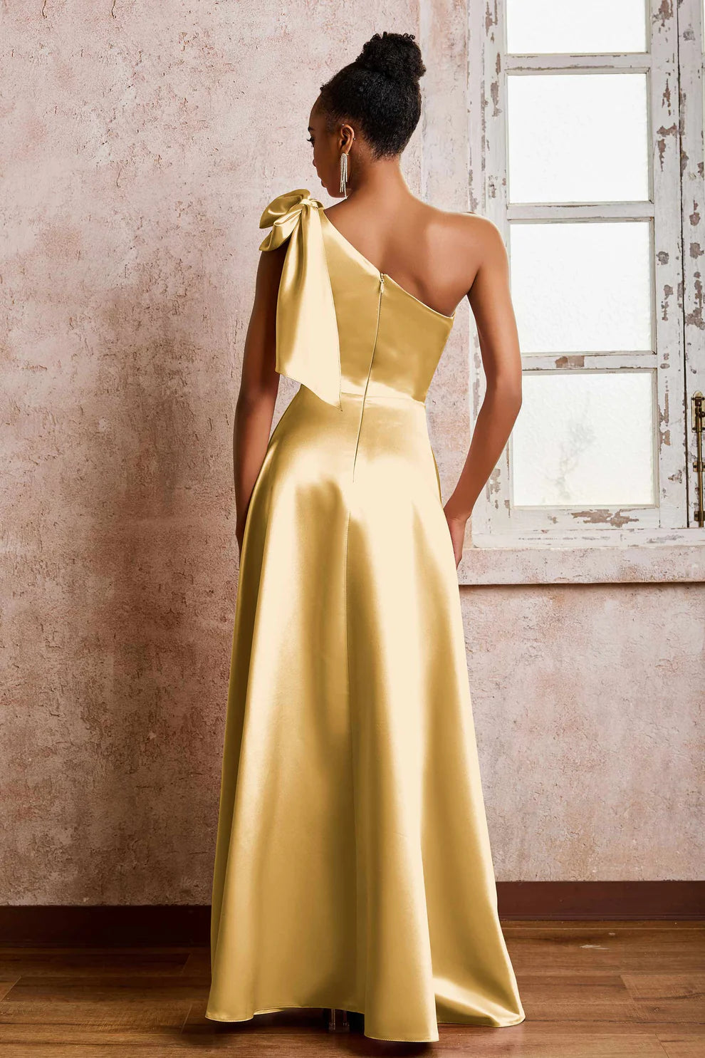 One Shoulder Bow Satin A-Line Slit Formal Maxi Dress