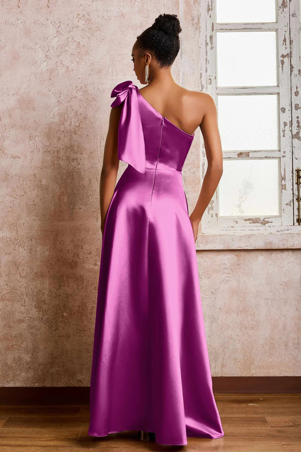 One Shoulder Bow Satin A-Line Slit Formal Maxi Dress