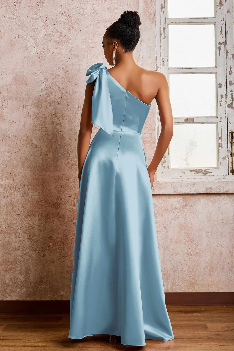 One Shoulder Bow Satin A-Line Slit Formal Maxi Dress