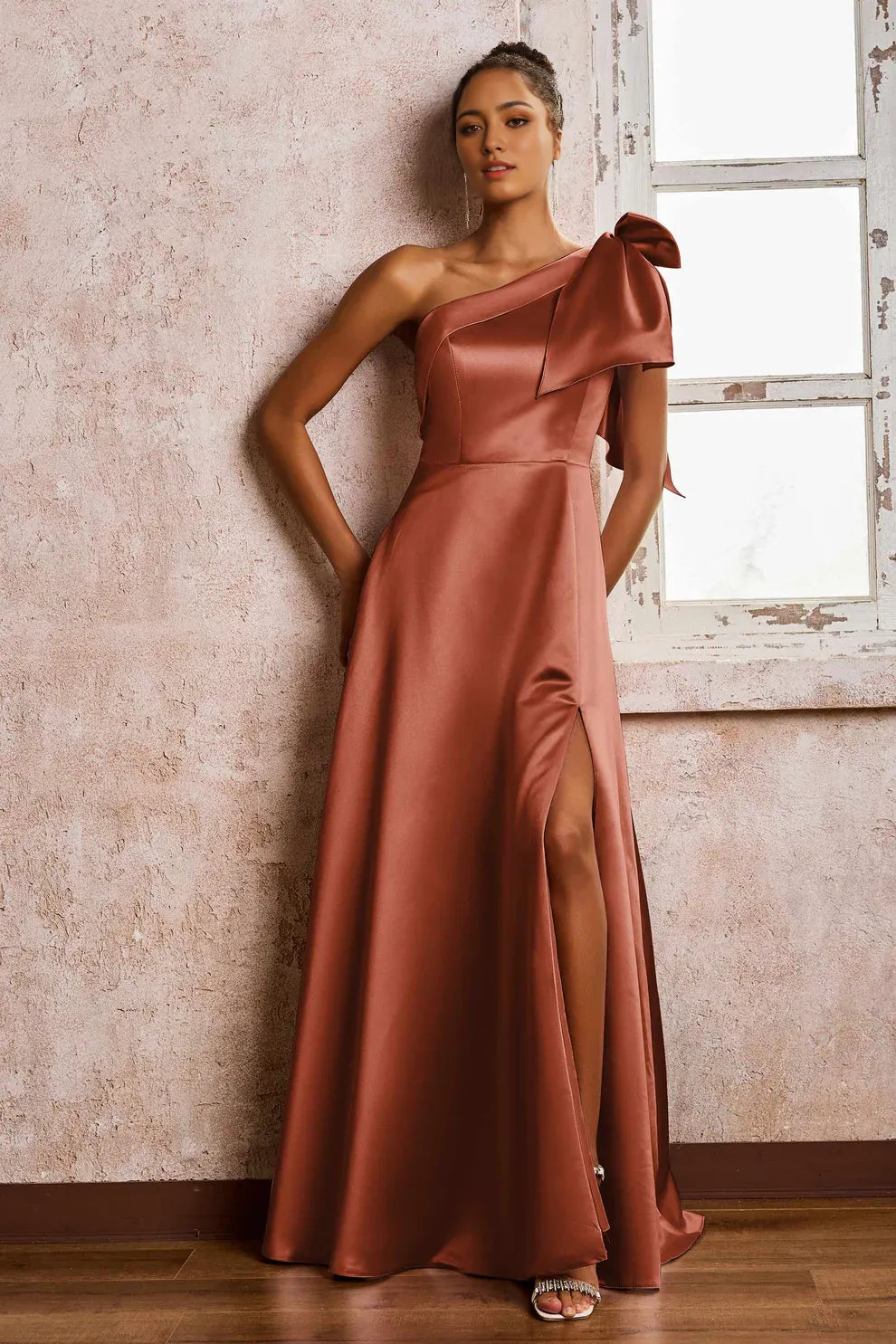 One Shoulder Bow Satin A-Line Slit Formal Maxi Dress