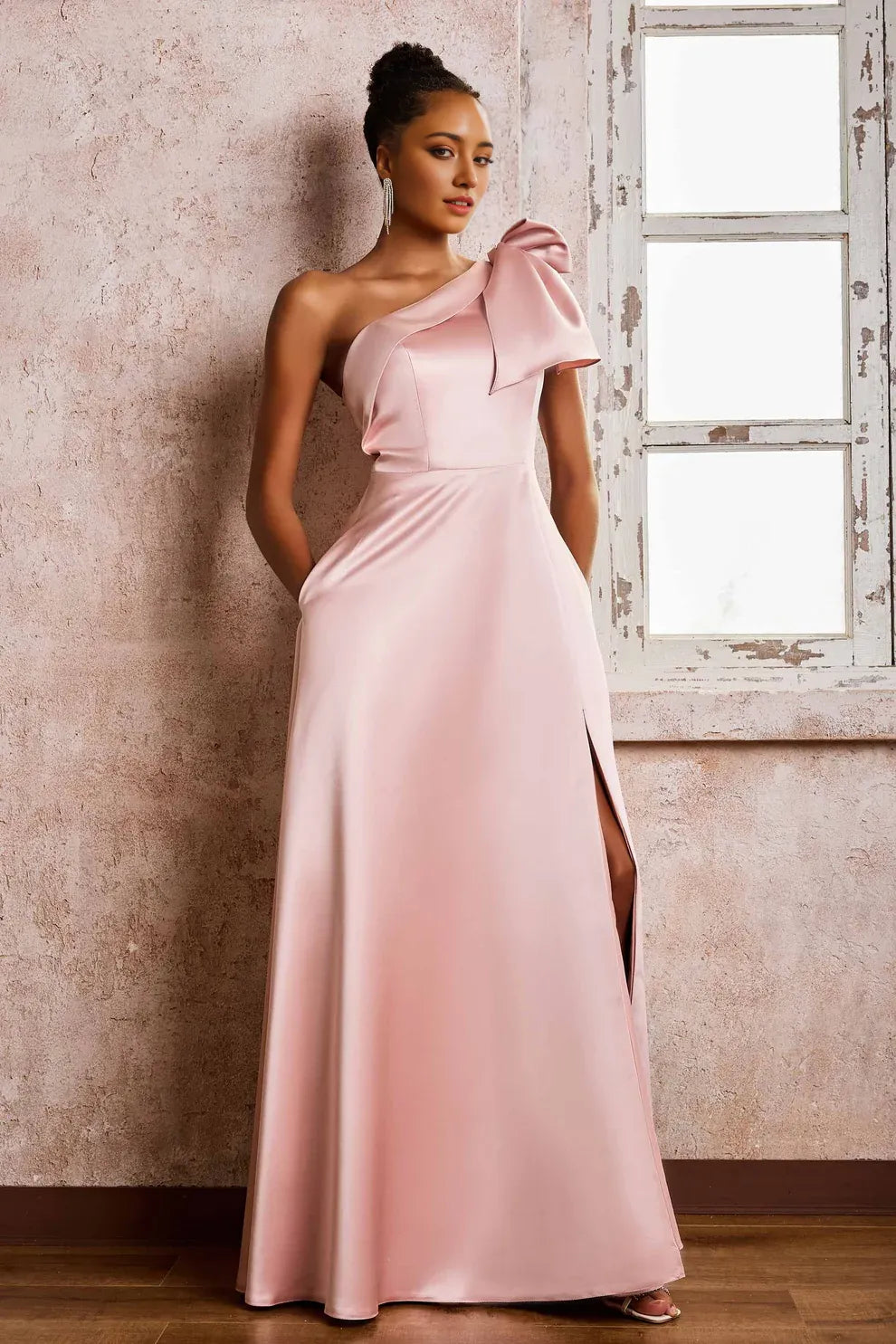 One Shoulder Bow Satin A-Line Slit Formal Maxi Dress