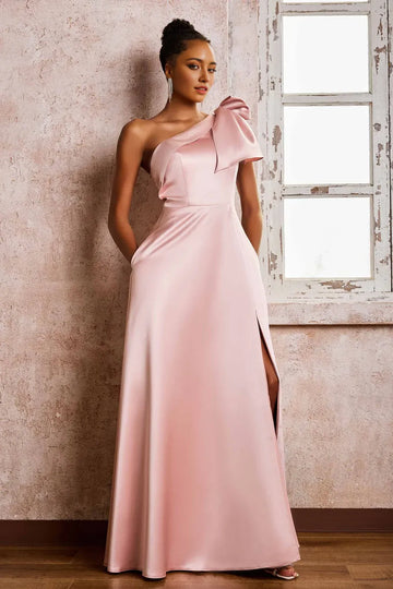 One Shoulder Bow Satin A-Line Slit Formal Maxi Dress