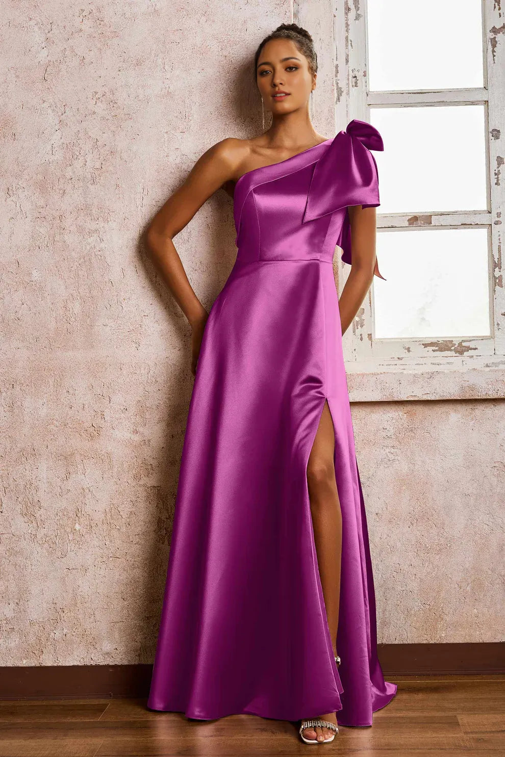 One Shoulder Bow Satin A-Line Slit Formal Maxi Dress