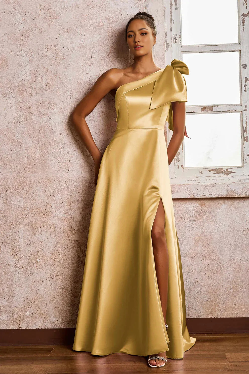 One Shoulder Bow Satin A-Line Slit Formal Maxi Dress