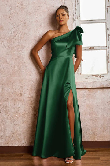 Romantic Blush Pink A-Line One-Shoulder Sleeveless Satin Bow Slit Formal Dress Evening Dress