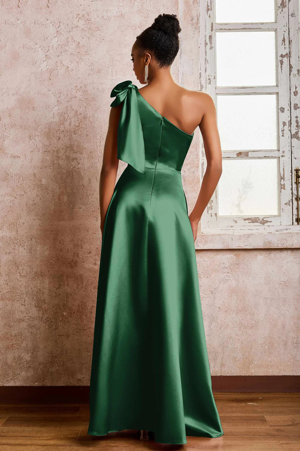 One Shoulder Bow Satin A-Line Slit Formal Maxi Dress