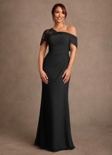 Elegant Sheath One-Shoulder Chiffon Lace Floor-Length Evening Gown Formal Mother of the Bride Dress
