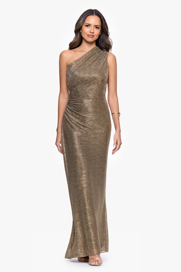 Sheath One-Shoulder Ruched Glitter Metallic Maxi Gown Long Mother of the Bride Dress