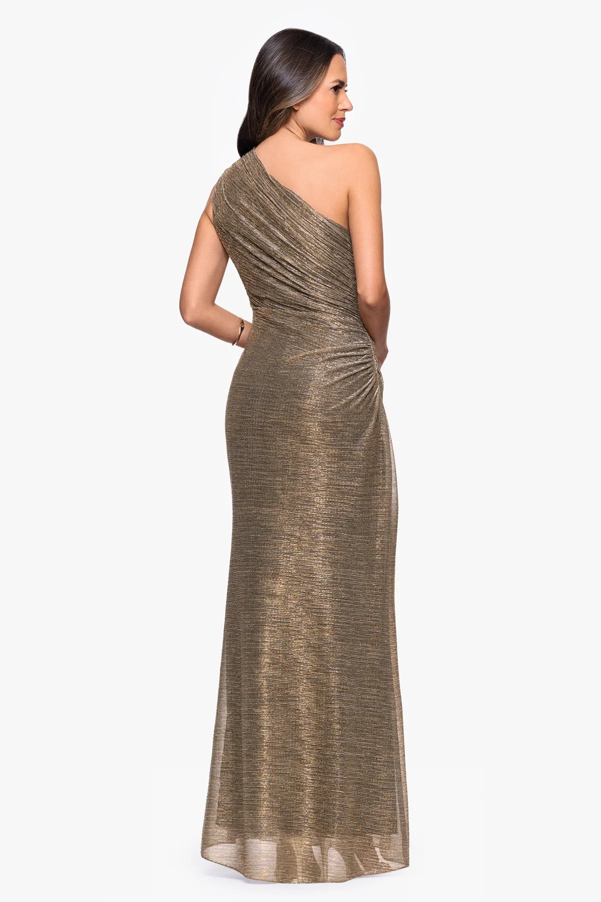 Sheath One-Shoulder Ruched Glitter Metallic Maxi Gown Long Mother of the Bride Dress