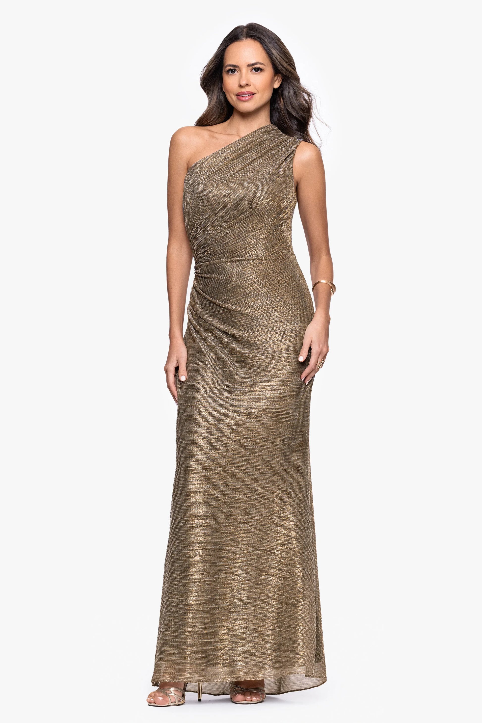 Sheath One-Shoulder Ruched Glitter Metallic Maxi Gown Long Mother of the Bride Dress