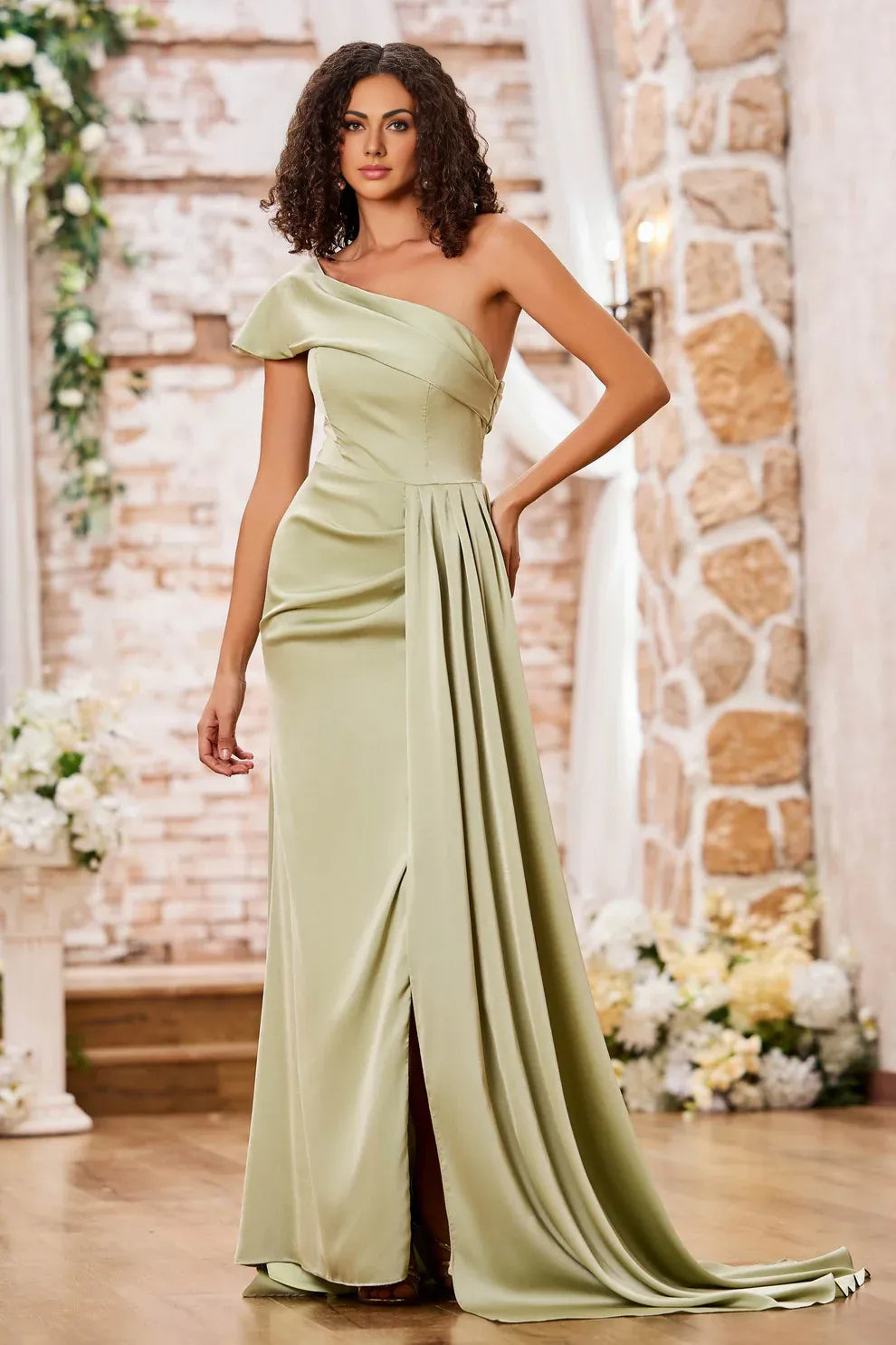 One Shoulder Draped Satin Mermaid Slit Formal Gown With Train