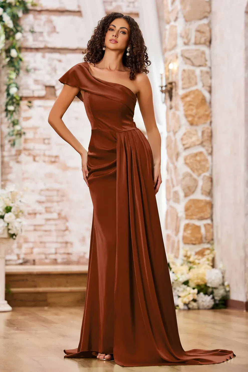 One Shoulder Draped Satin Mermaid Slit Formal Gown With Train