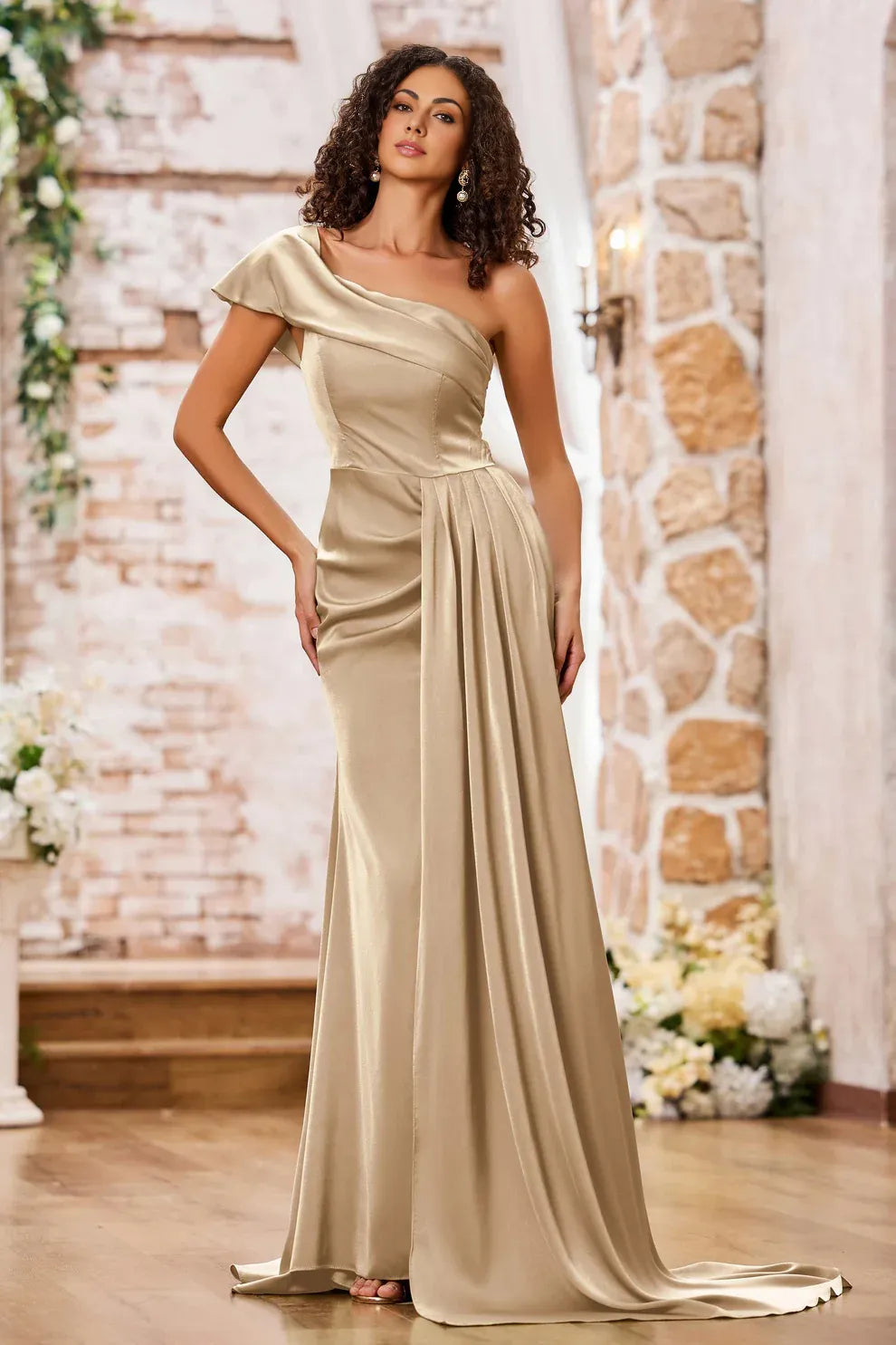 One Shoulder Draped Satin Mermaid Slit Formal Gown With Train