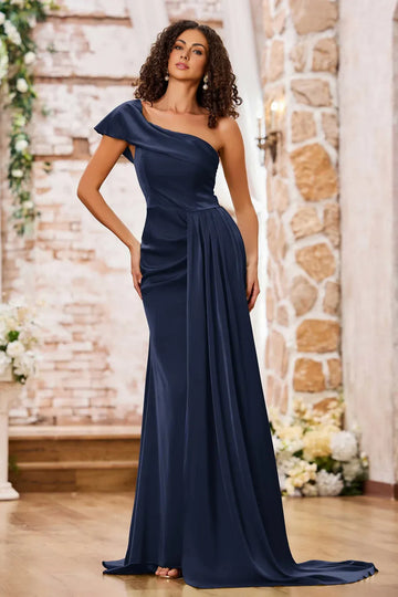 Polished Sage Green Mermaid One-Shoulder Sleeveless Satin Draped Formal Gown Prom Dress