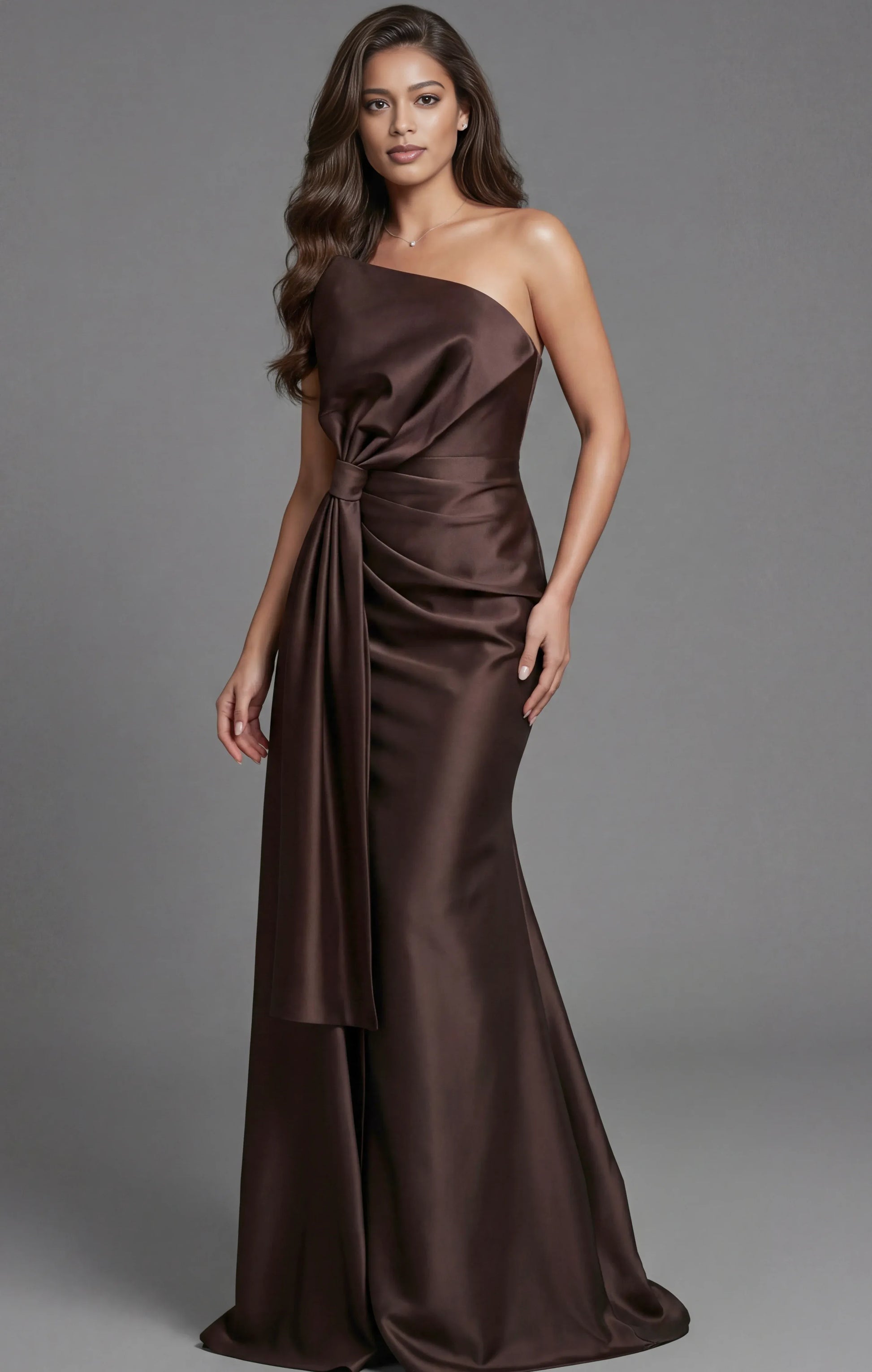 Elegant Mermaid Fitted One-Shoulder Satin Draped Maxi Bow Evening Dress