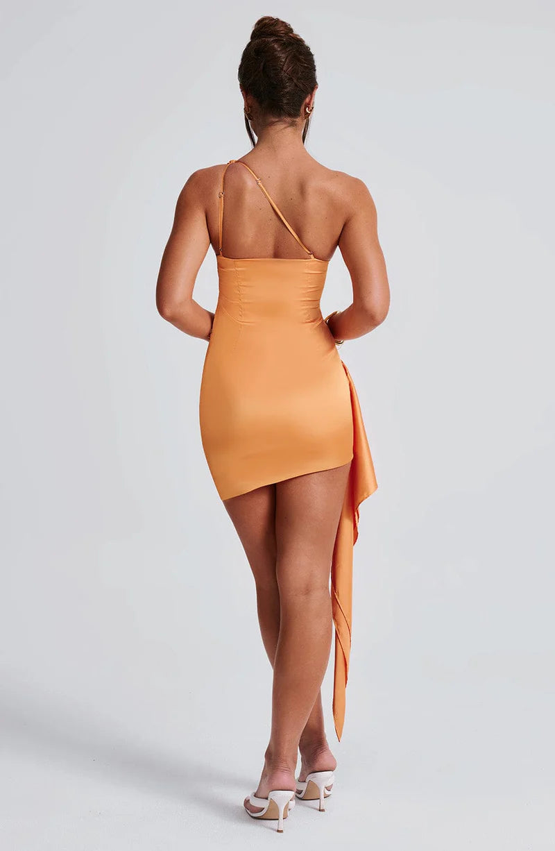 Elegant Contoured One-Shoulder Satin Draped Mini Cocktail Evening Dress