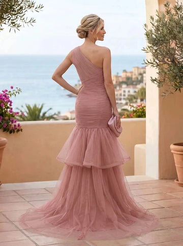 Open‑back dusty pink ruched tulle mermaid mother of the bride long formal dress