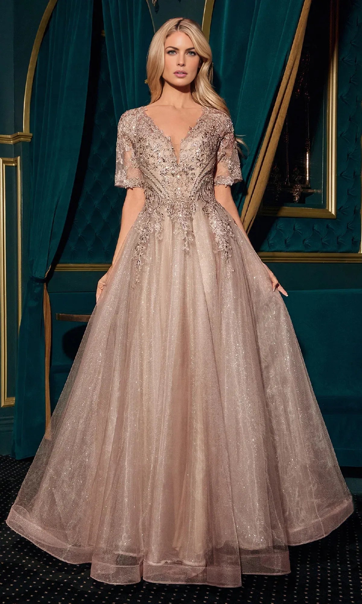 Opulent A-Line V-Neck Short Sleeve Tulle Maxi Beaded Lace Evening Gown
