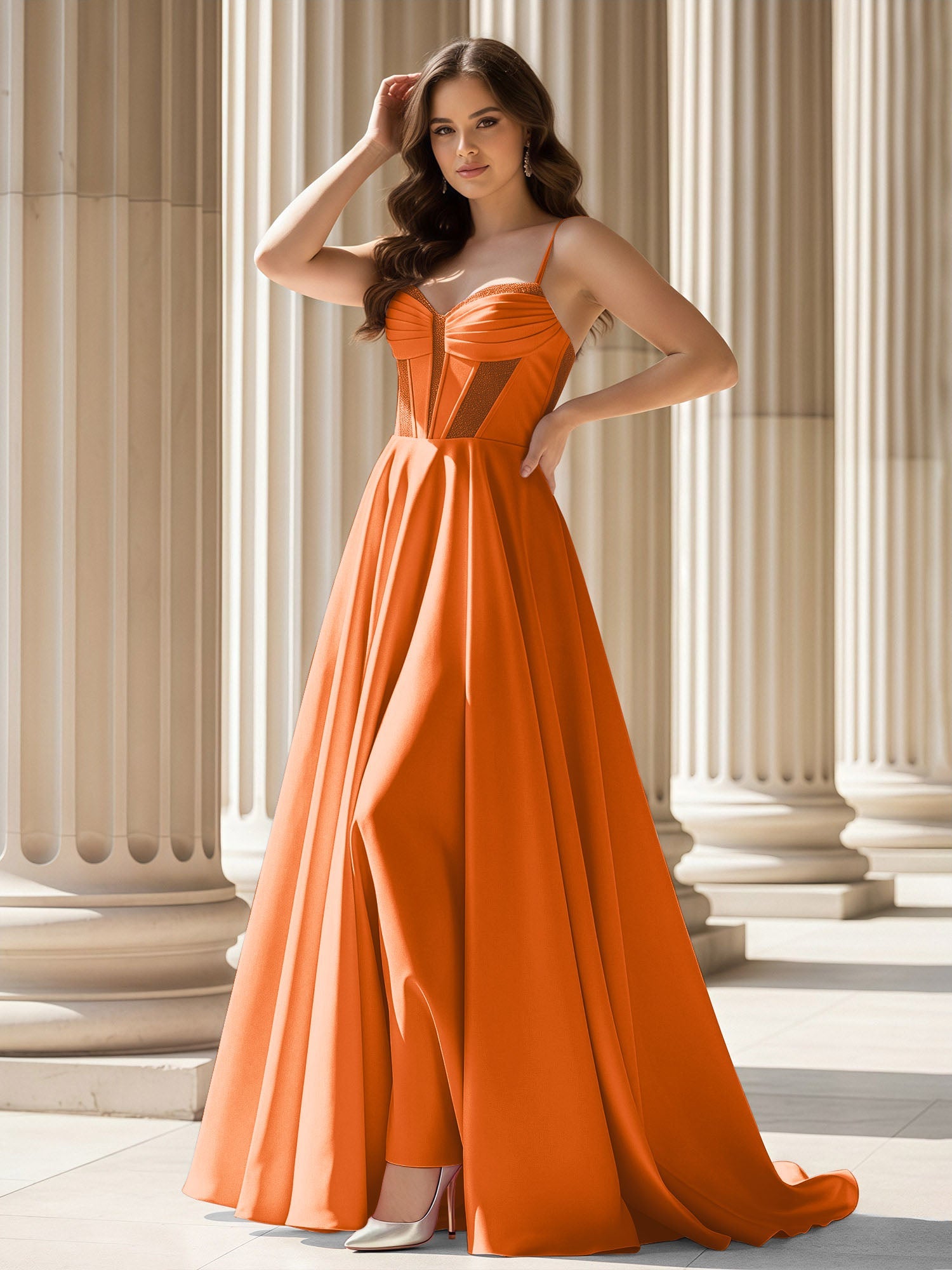 Spaghetti Strap Burgundy Satin A-Line Evening Gown with Corset Bodice Formal Prom Wedding Party Dress