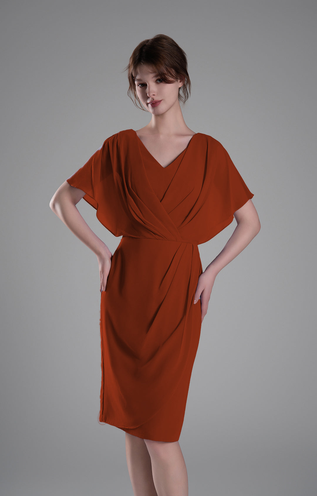 Elegant Chiffon Cocktail Dress V-Neck Pleated Cape Knee-length Flutter Sleeve Wedding Guest Dress with Ruched Waist