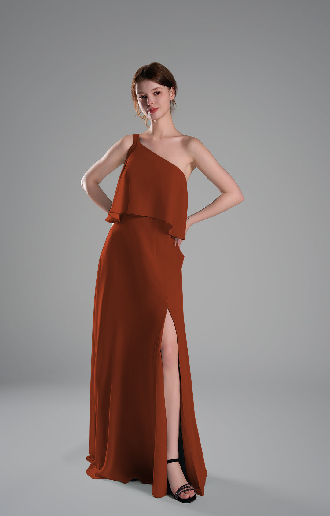 One Shoulder Chiffon Bridesmaid Dress with Slit Elegant Long Formal Evening Gown Flowing A-Line Dresses