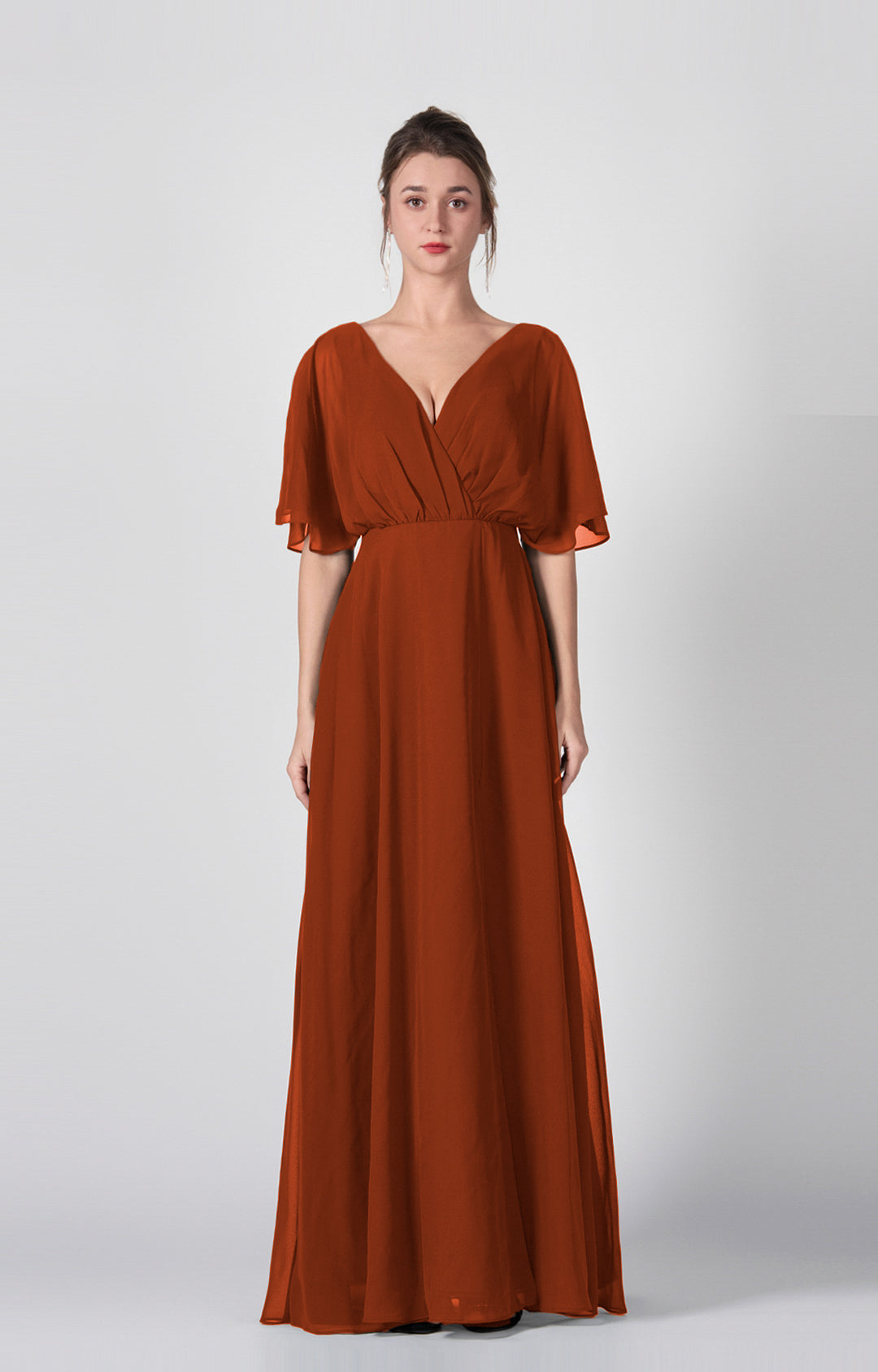 Women's Elegant Chiffon V-Neck Bridesmaid Dress Flutter Sleeves with Front Slit Formal Evening Gown