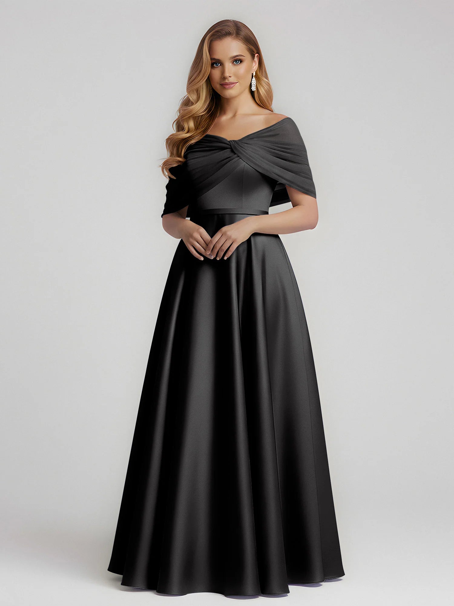 Elegant A-Line Off-Shoulder Draped Satin Floor-Length Bridesmaid Dress