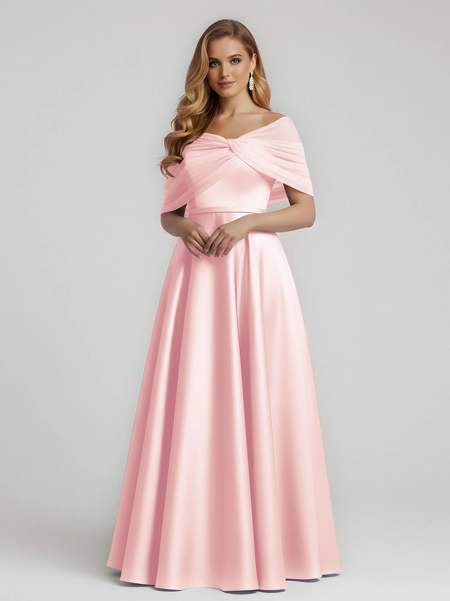 Elegant A-Line Off-Shoulder Draped Satin Floor-Length Bridesmaid Dress