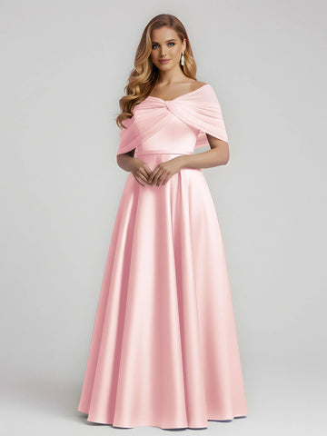 Elegant A-Line Off-Shoulder Draped Satin Floor-Length Bridesmaid Dress