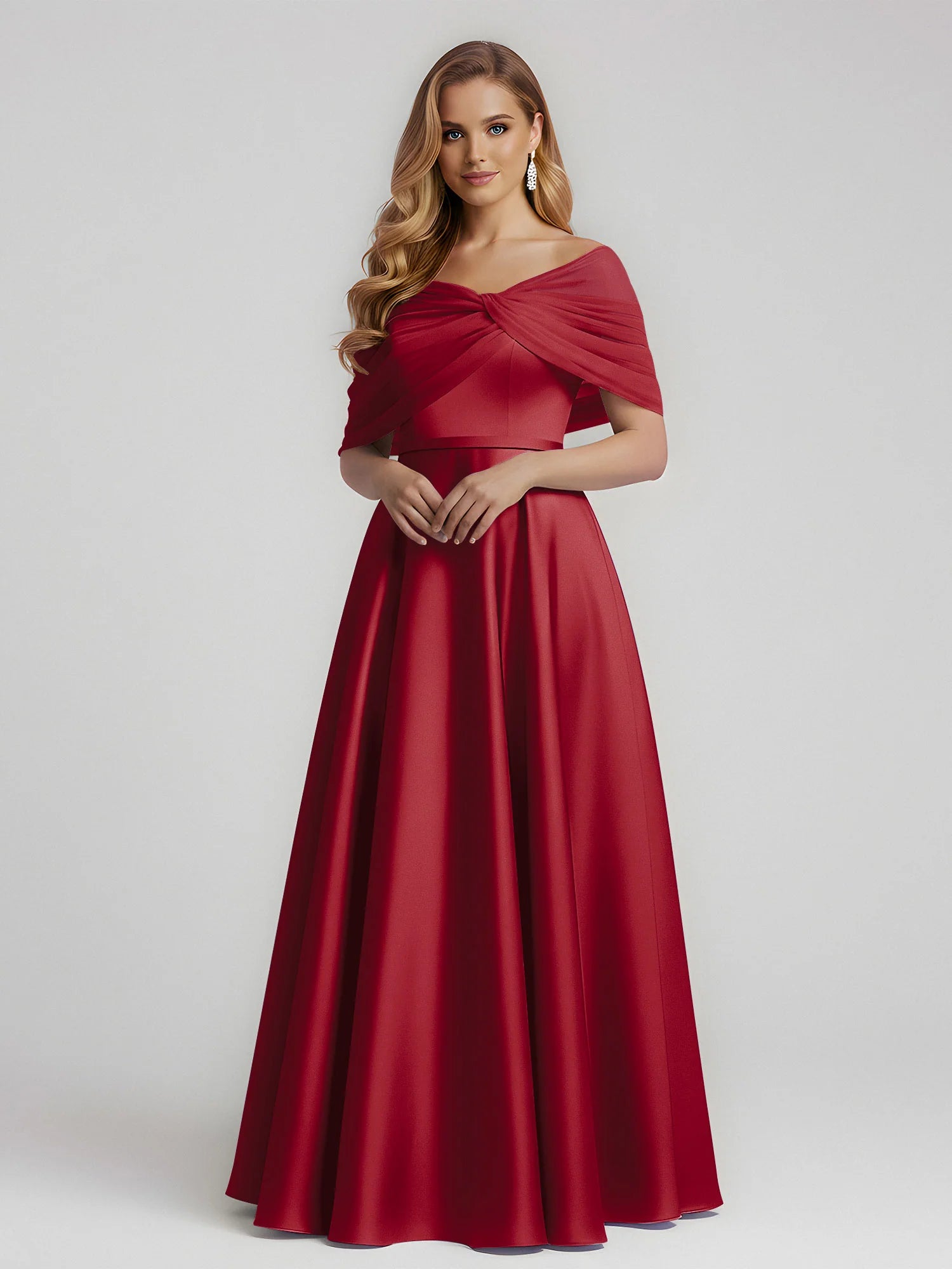 Elegant A-Line Off-Shoulder Draped Satin Floor-Length Bridesmaid Dress