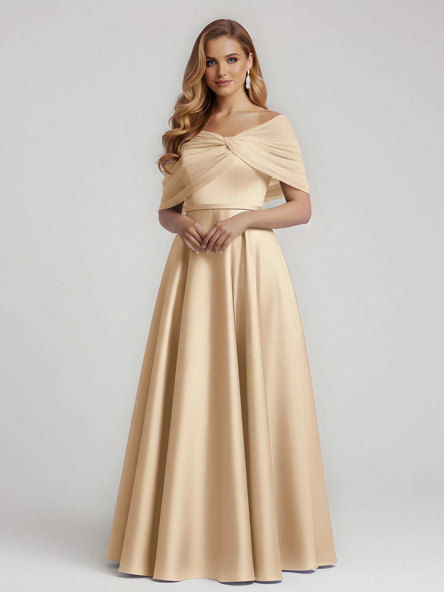 Elegant A-Line Off-Shoulder Draped Satin Floor-Length Bridesmaid Dress