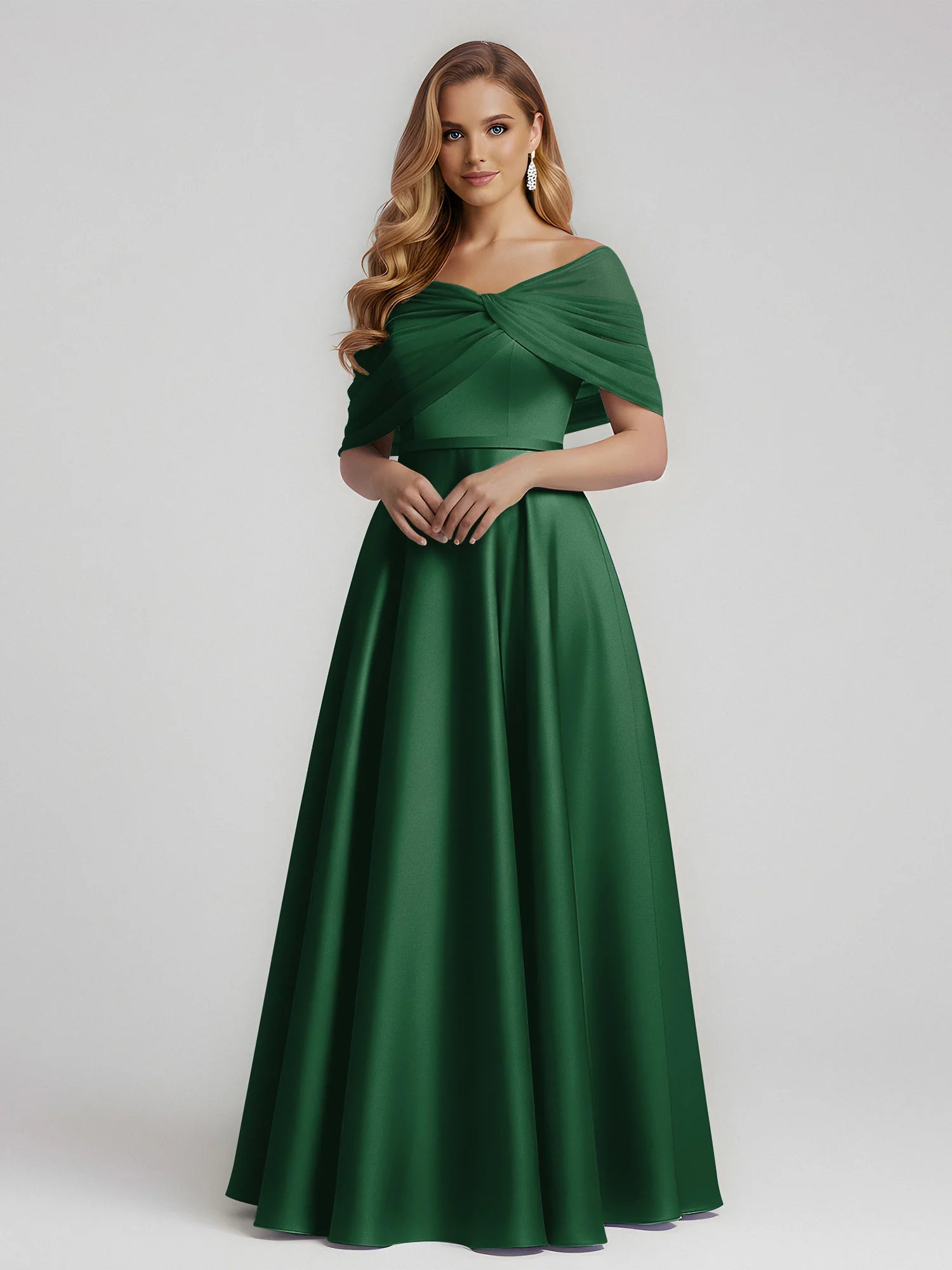 Elegant A-Line Off-Shoulder Draped Satin Floor-Length Bridesmaid Dress