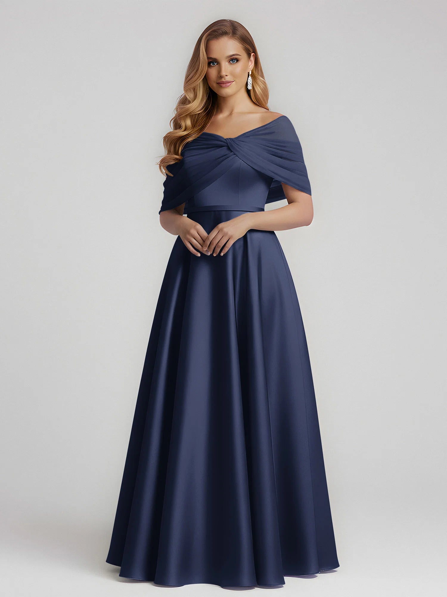 Elegant A-Line Off-Shoulder Draped Satin Floor-Length Bridesmaid Dress