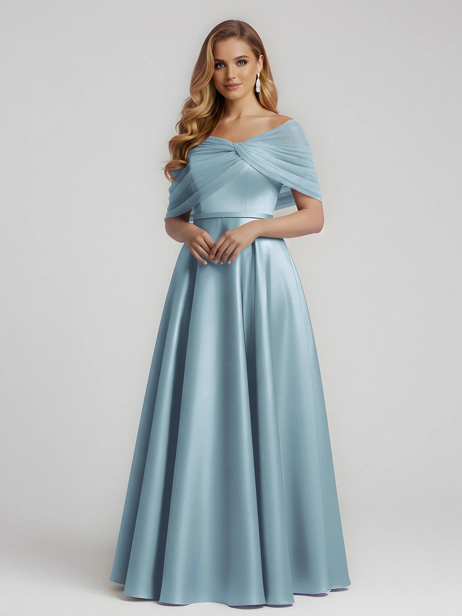 Elegant A-Line Off-Shoulder Draped Satin Floor-Length Bridesmaid Dress