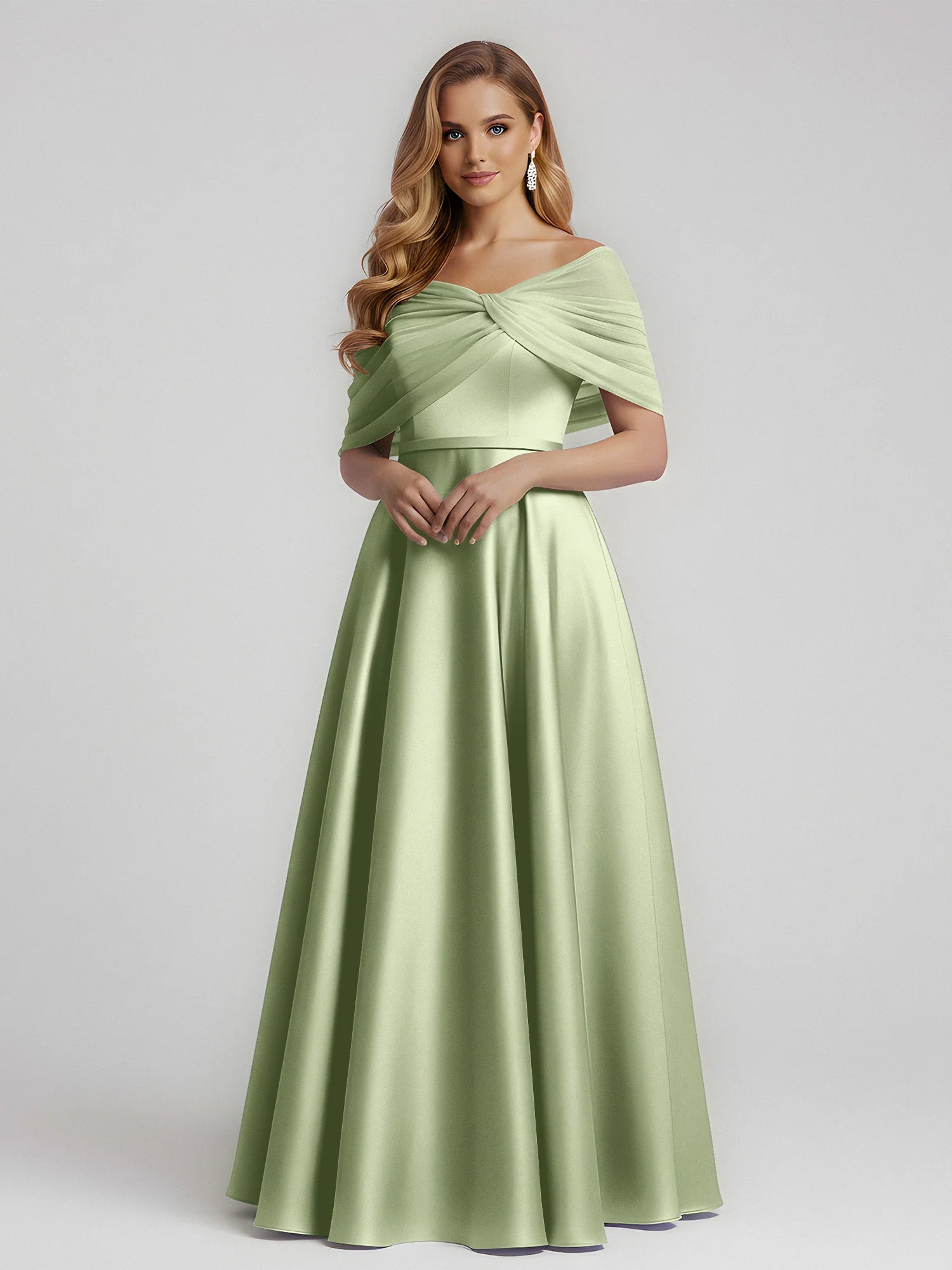 Elegant A-Line Off-Shoulder Draped Satin Floor-Length Bridesmaid Dress