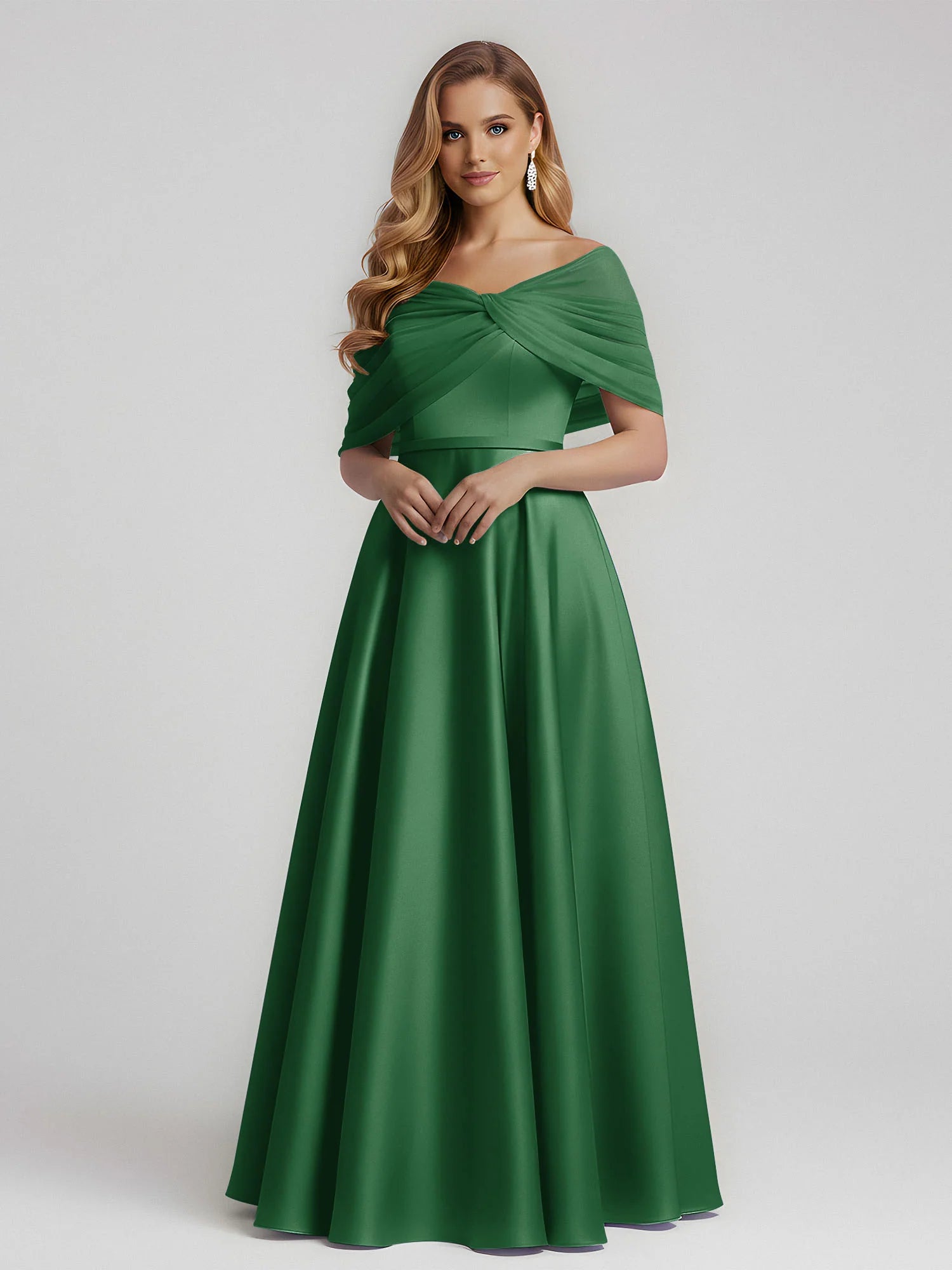 Elegant A-Line Off-Shoulder Draped Satin Floor-Length Bridesmaid Dress