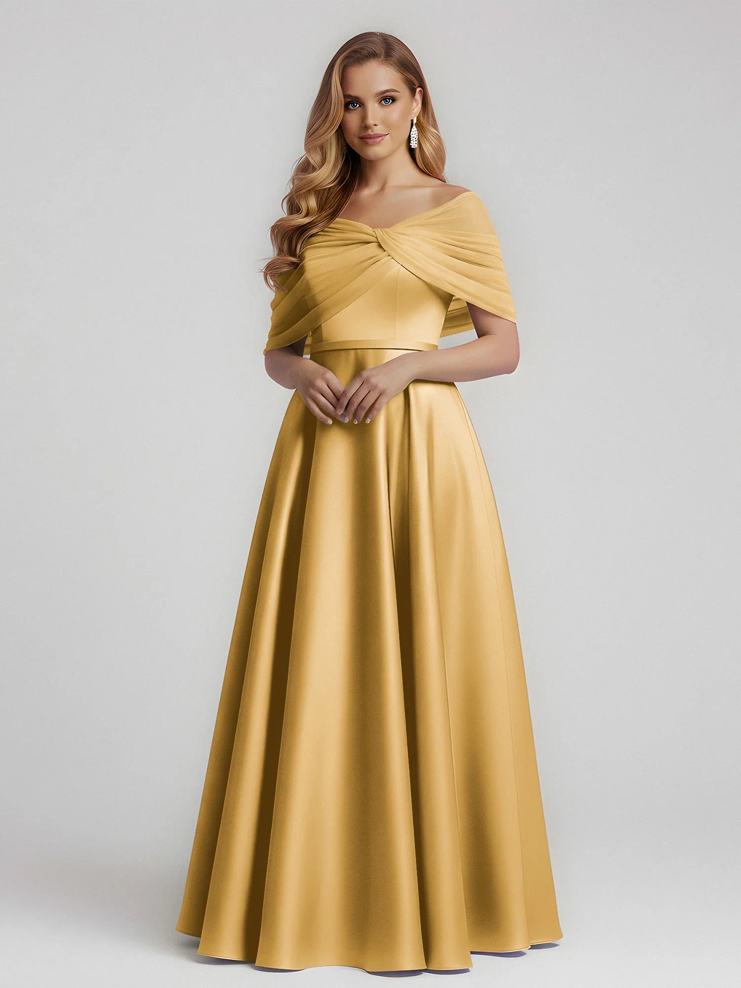 Elegant A-Line Off-Shoulder Draped Satin Floor-Length Bridesmaid Dress