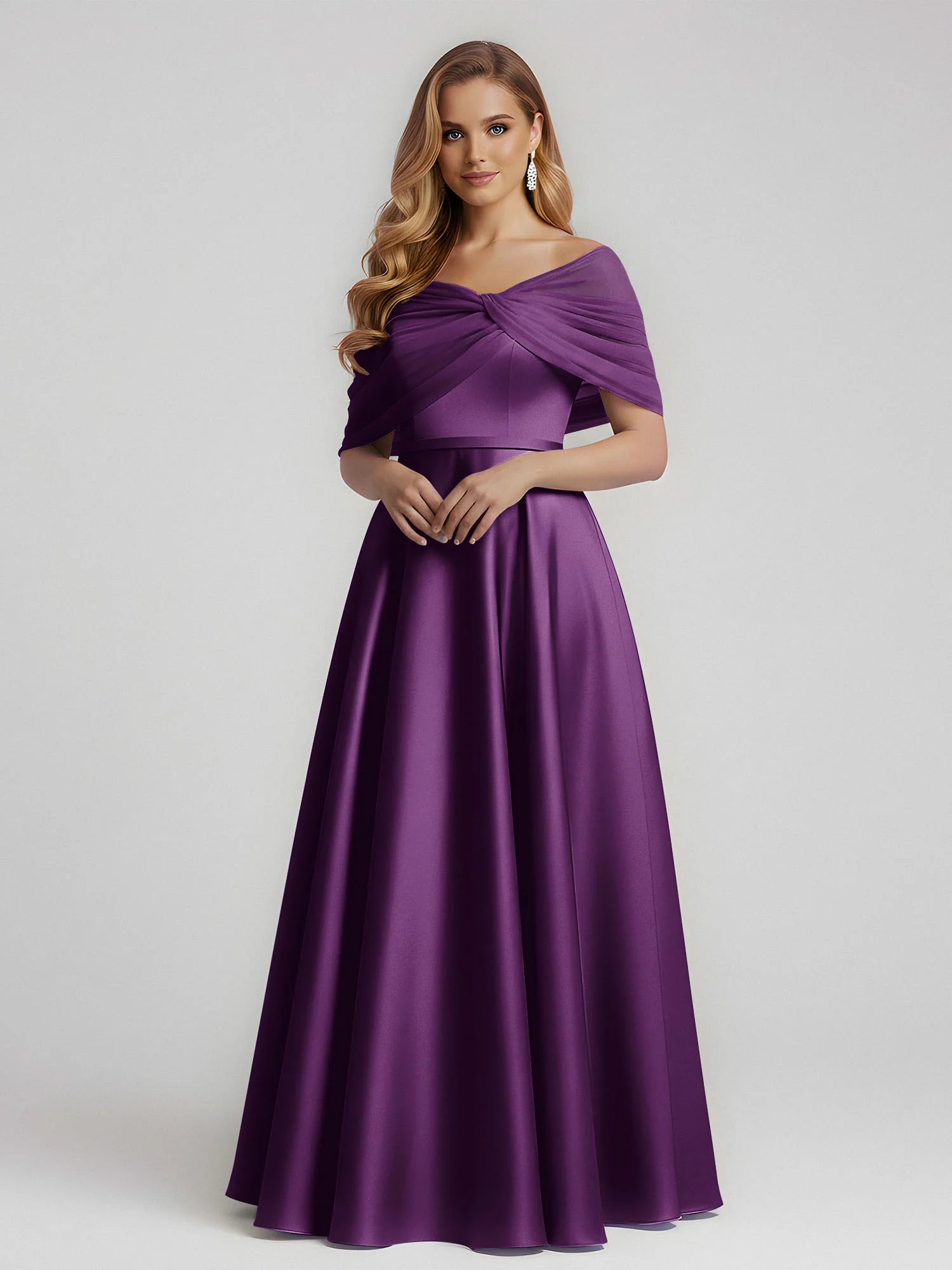Elegant A-Line Off-Shoulder Draped Satin Floor-Length Bridesmaid Dress