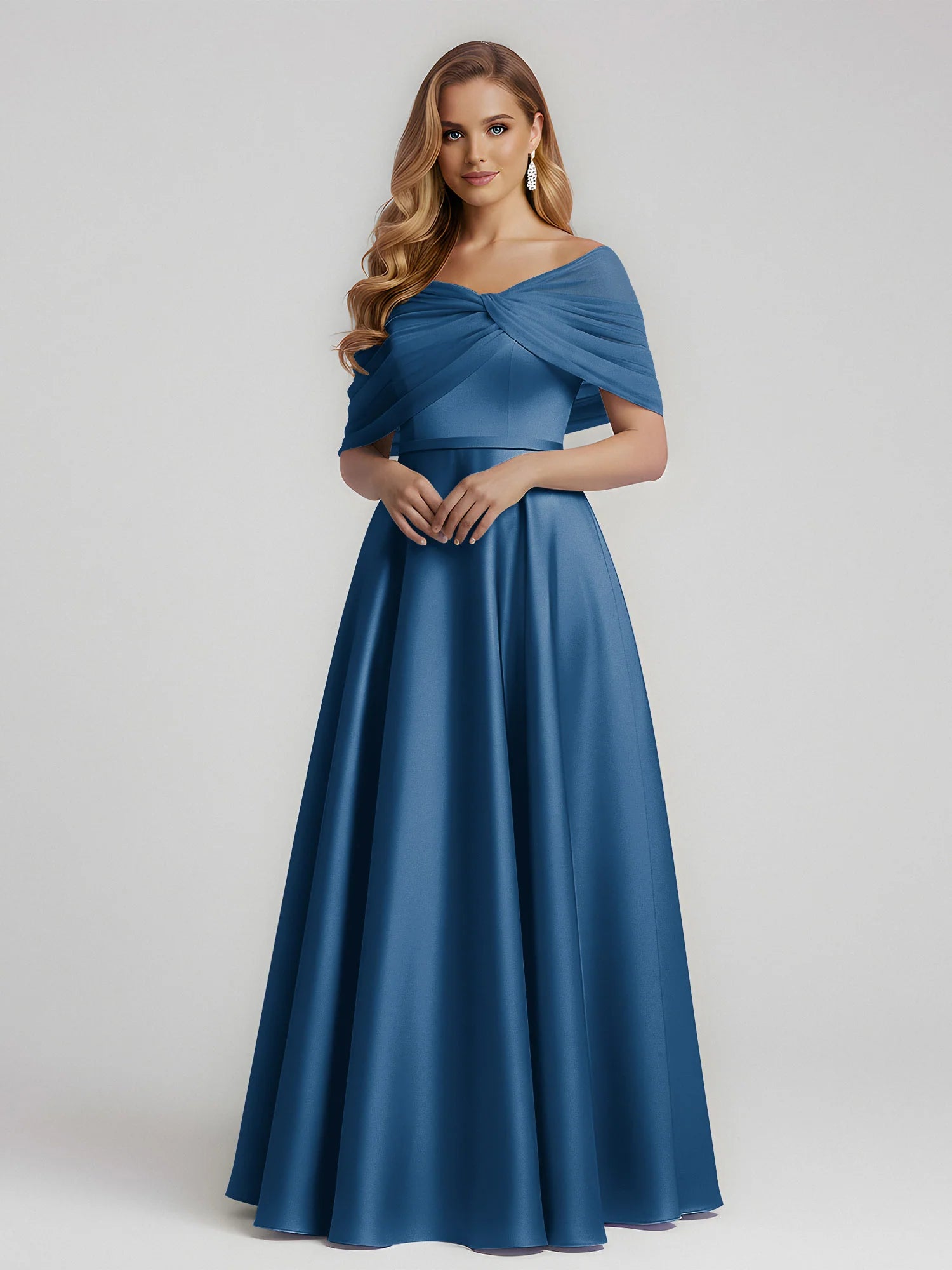 Elegant A-Line Off-Shoulder Draped Satin Floor-Length Bridesmaid Dress