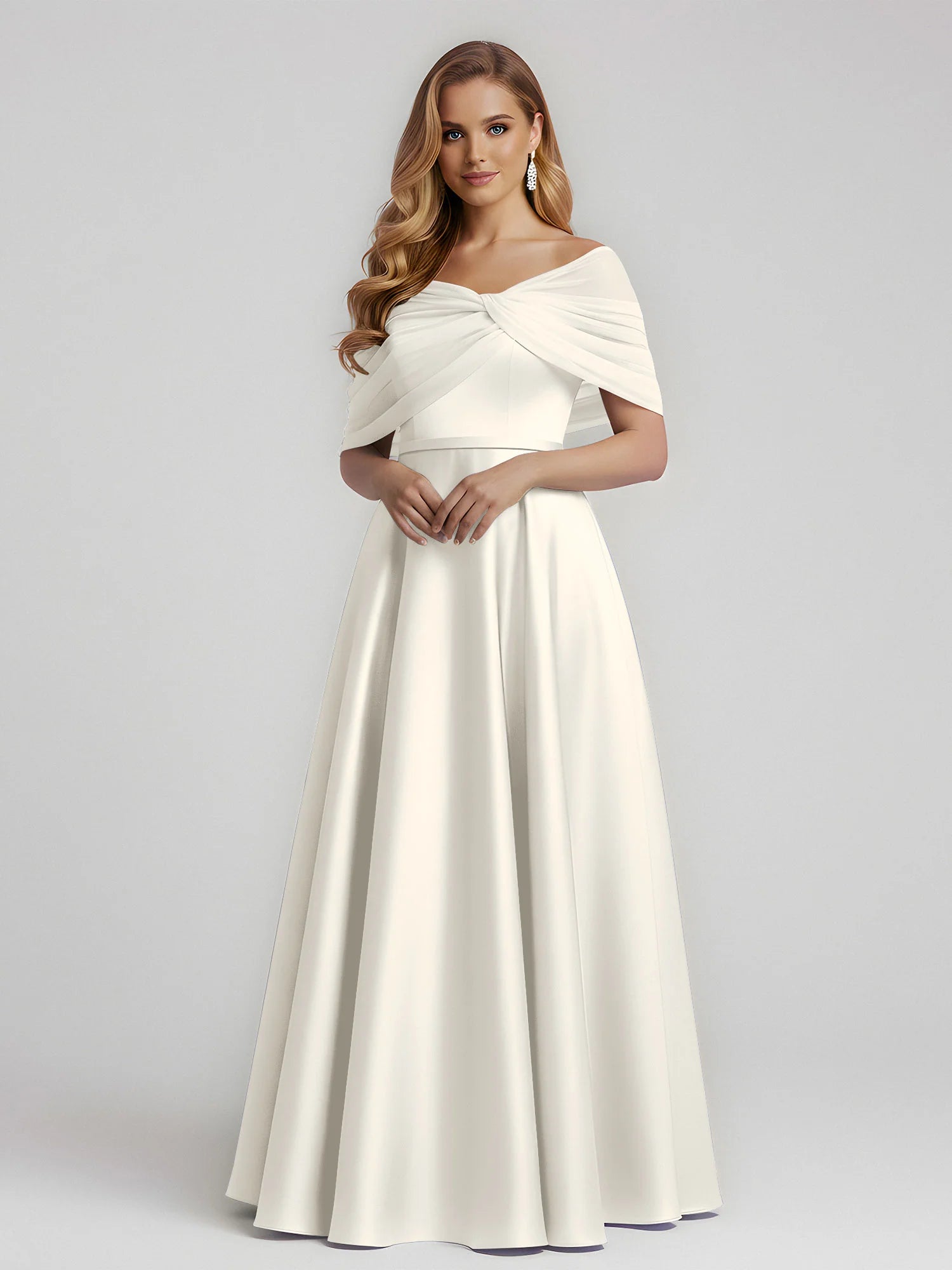 Elegant A-Line Off-Shoulder Draped Satin Floor-Length Bridesmaid Dress