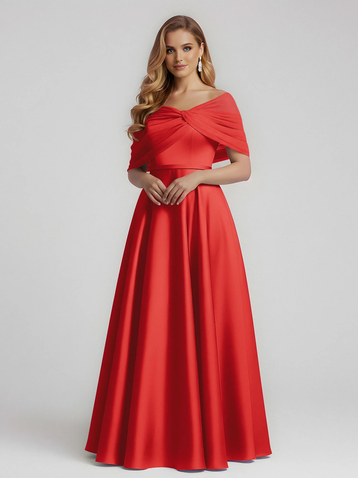 Elegant A-Line Off-Shoulder Draped Satin Floor-Length Bridesmaid Dress