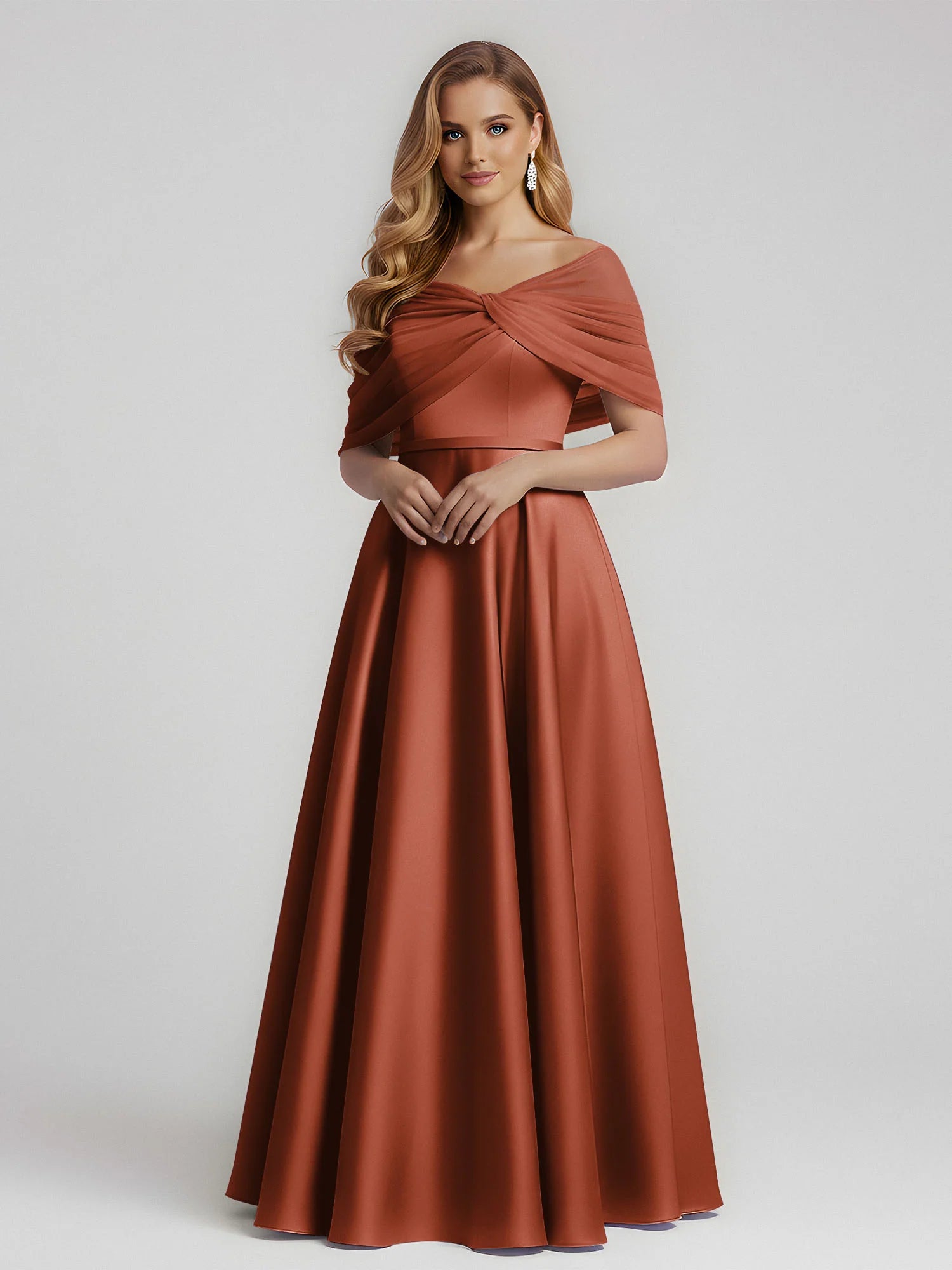 Elegant A-Line Off-Shoulder Draped Satin Floor-Length Bridesmaid Dress