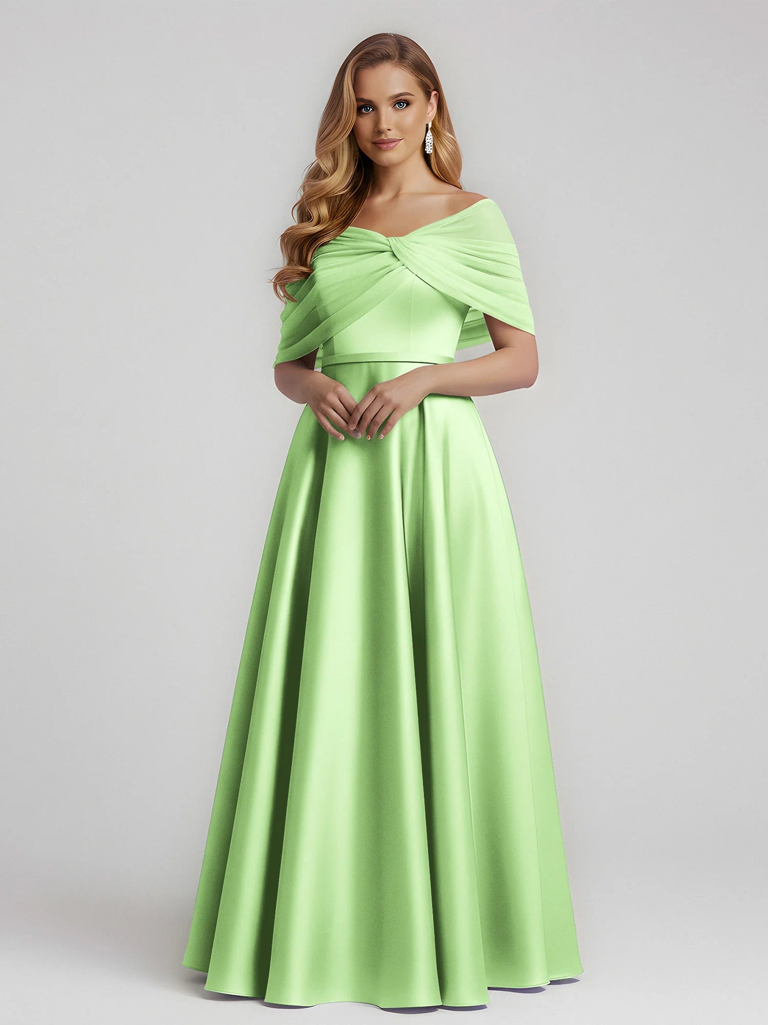 Elegant A-Line Off-Shoulder Draped Satin Floor-Length Bridesmaid Dress