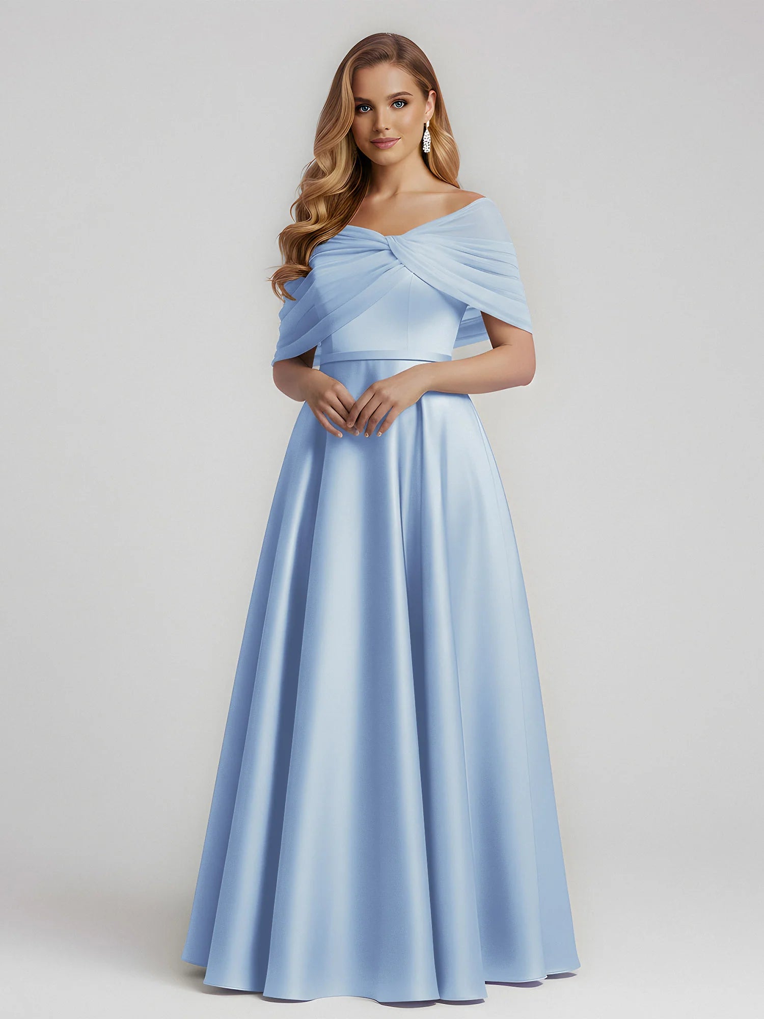 Elegant A-Line Off-Shoulder Draped Satin Floor-Length Bridesmaid Dress