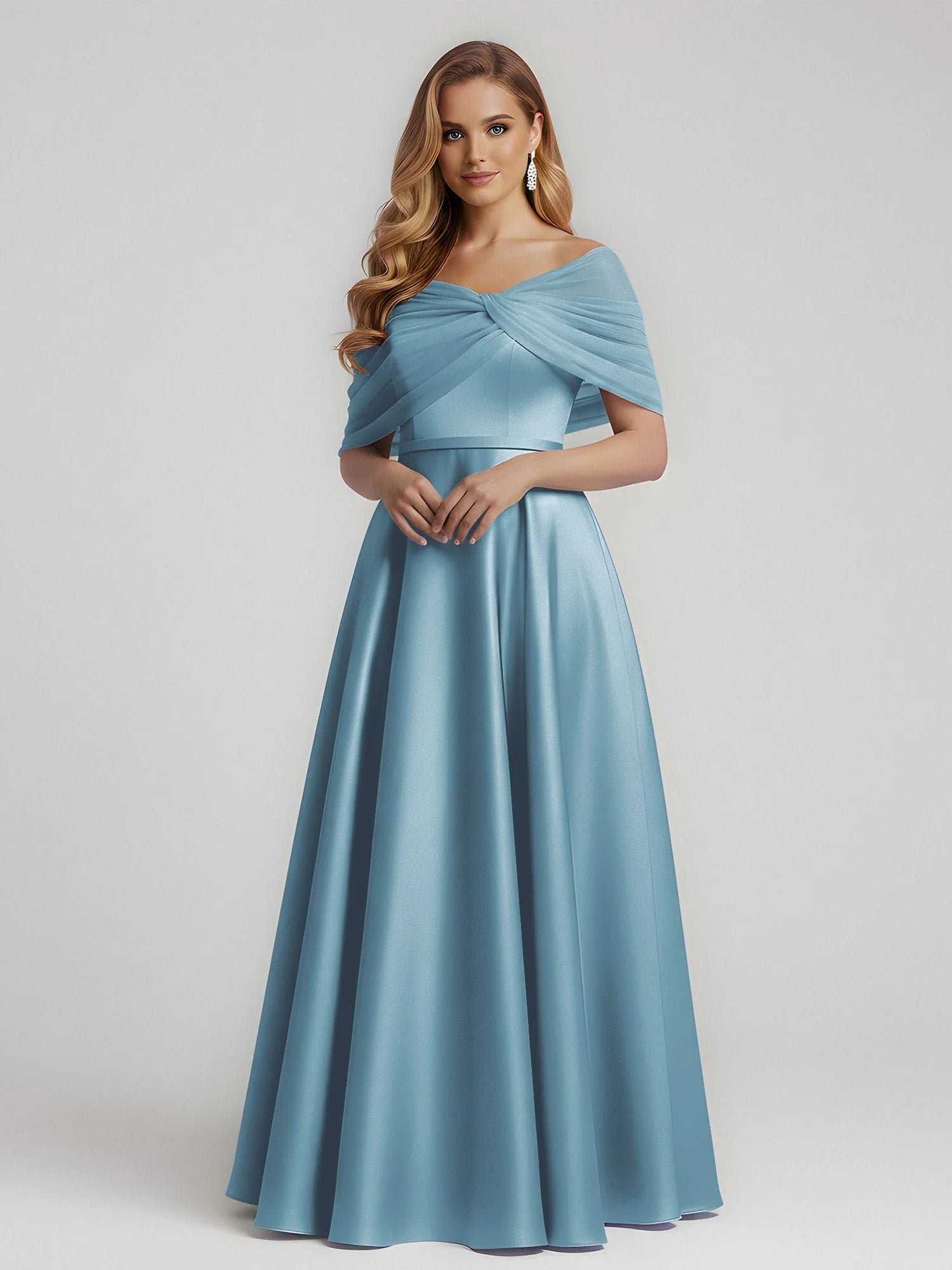 Elegant A-Line Off-Shoulder Draped Satin Floor-Length Bridesmaid Dress