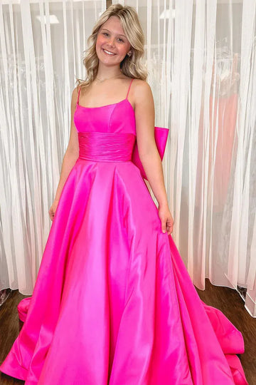 Oversized Bow Back A-Line Straight Neck Spaghetti Strap Satin Floor Length Prom Evening Gown