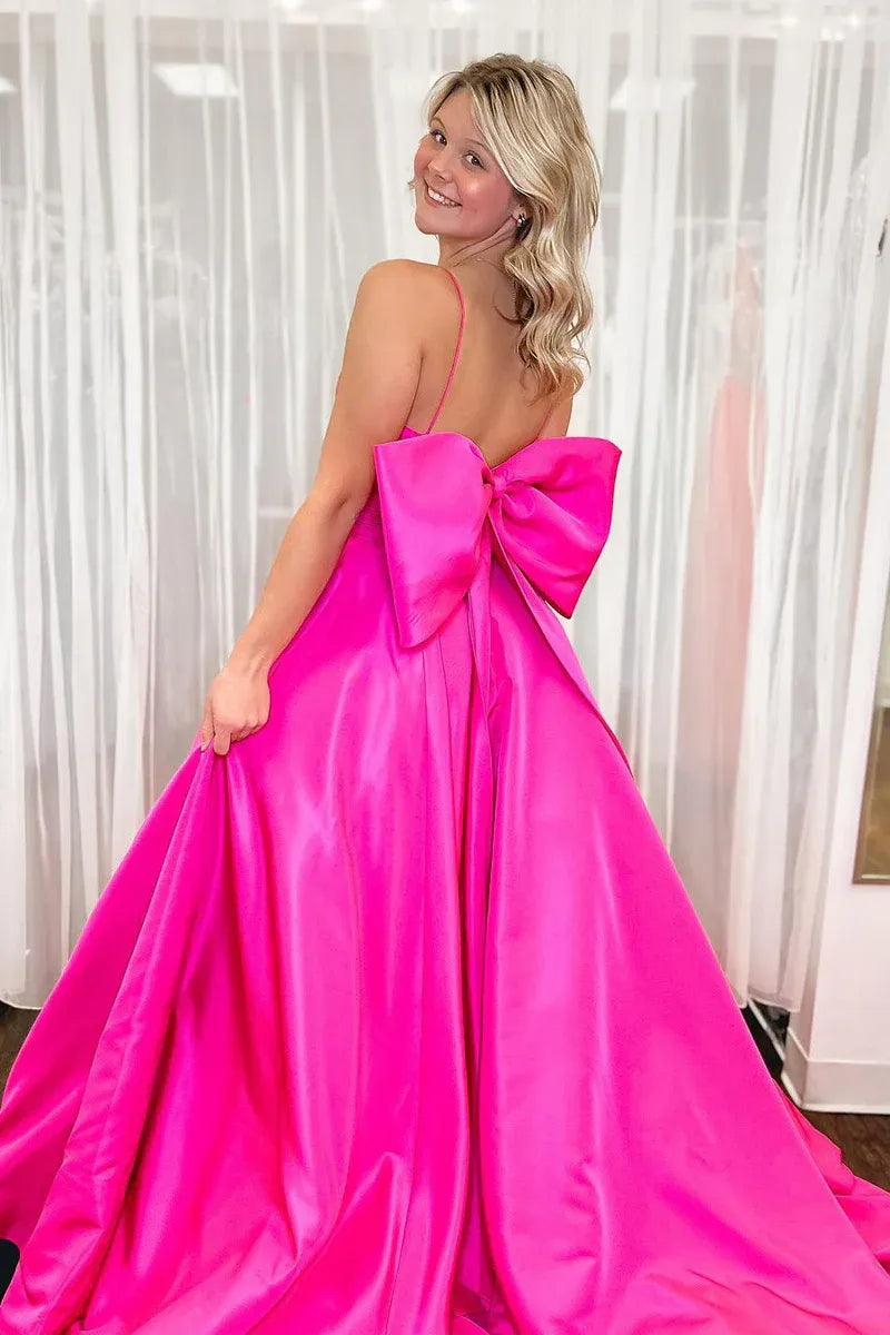 Oversized Bow Back A-Line Straight Neck Spaghetti Strap Satin Floor Length Prom Evening Gown