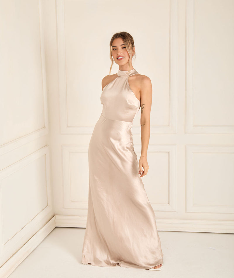 Halter Neck Satin Bridesmaid Dress Satin Column Gown with Keyhole Cutout Bohemian Wedding Evening Gown