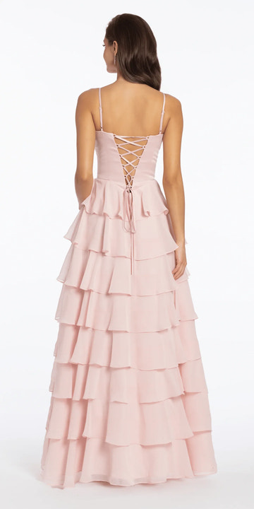 Vestido de fiesta con escote corazón, corte en A, de chifón y satén bordado, con espalda abierta y largo hasta el suelo