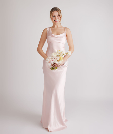Elegant One-Shoulder Satin Formal Gown for Wedding Guest Cowl Asymmetrical Satin Bridesmaid Dress Bridesmaid Dresses Maxi Dress